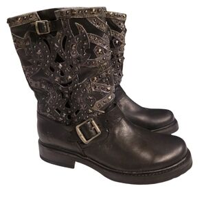 Frye Veronica Deco Leather Moto Biker Boots Women Size 7 Black Whimsigoth Grunge